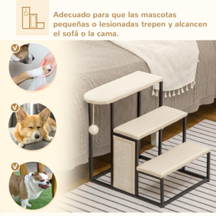 Escalera para Perros de 3 Niveles Escalera para Mascotas con 3 Escalones Bola Colgante Tablero de Rascar y Marco de Acero 47x45x47 cm Crema y Negro