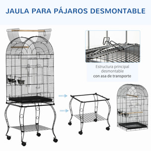 Jaula para Pájaros con Soporte y Ruedas Jaula Grande de Acero con Bandeja Extraíble 4 Puertas y 2 Comederos para Loros Guacamayos 51x51x153 cm Negro