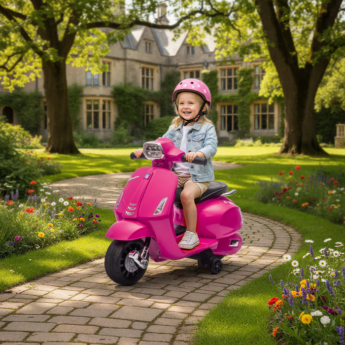 Moto Eléctrica para Niños 6V con Licencia Vespa, Moto Eléctrica Infantil con Ruedas Auxiliares de 6,9'', Velocidad de 2,5km/h, Faro y Bocina, para Niños de 2-6 Años, Rosa