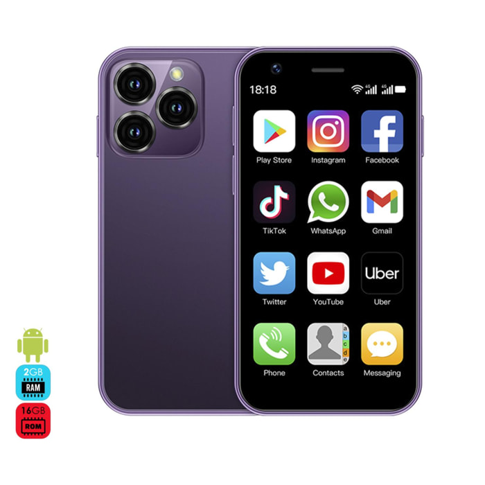 DAM Mini smartphone XS16 4G, Android 8.1, 2GB RAM + 16GB. Pantalla 3''.Doble tarjeta SIM. 4,5x1,2x10,2 Cm. Color: Morado