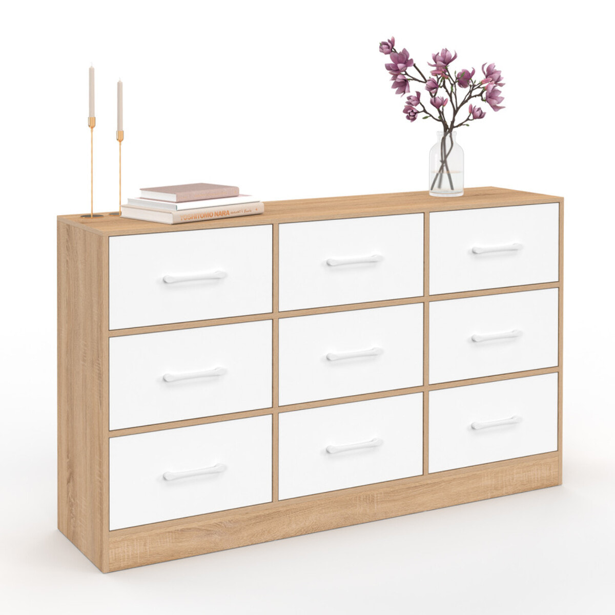 Commode Uma 9 tiroirs bois et blanc