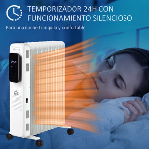 HOMCOM Radiador de Aceite 2720W 3 Modos de Calefacción con 11 Elementos Pantalla LED Control Táctil Termostato Temporizador 24H y Ruedas Bajo Consumo 20 m² 50,5x24x63 cm Blanco