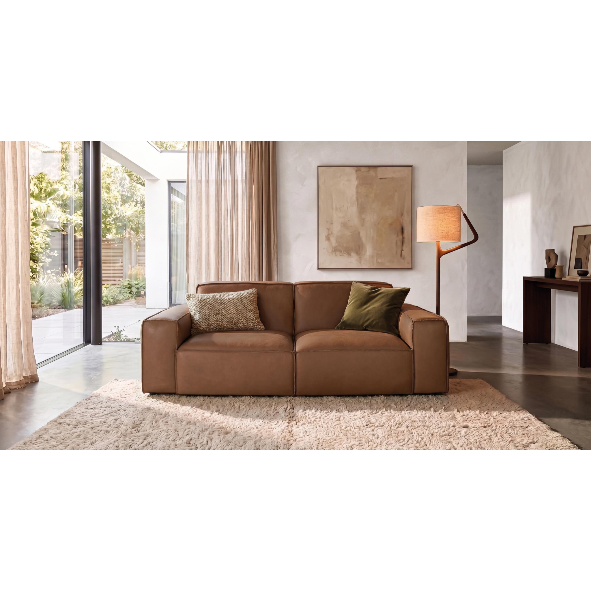 Canapé en cuir naturel, structure en bois 224cm style moderne contemporain