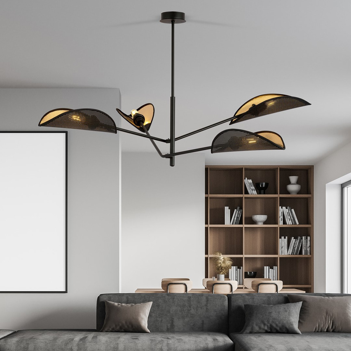 Lampada a sospensione Vene a 4 luci con paralumi a foglia nero e oro