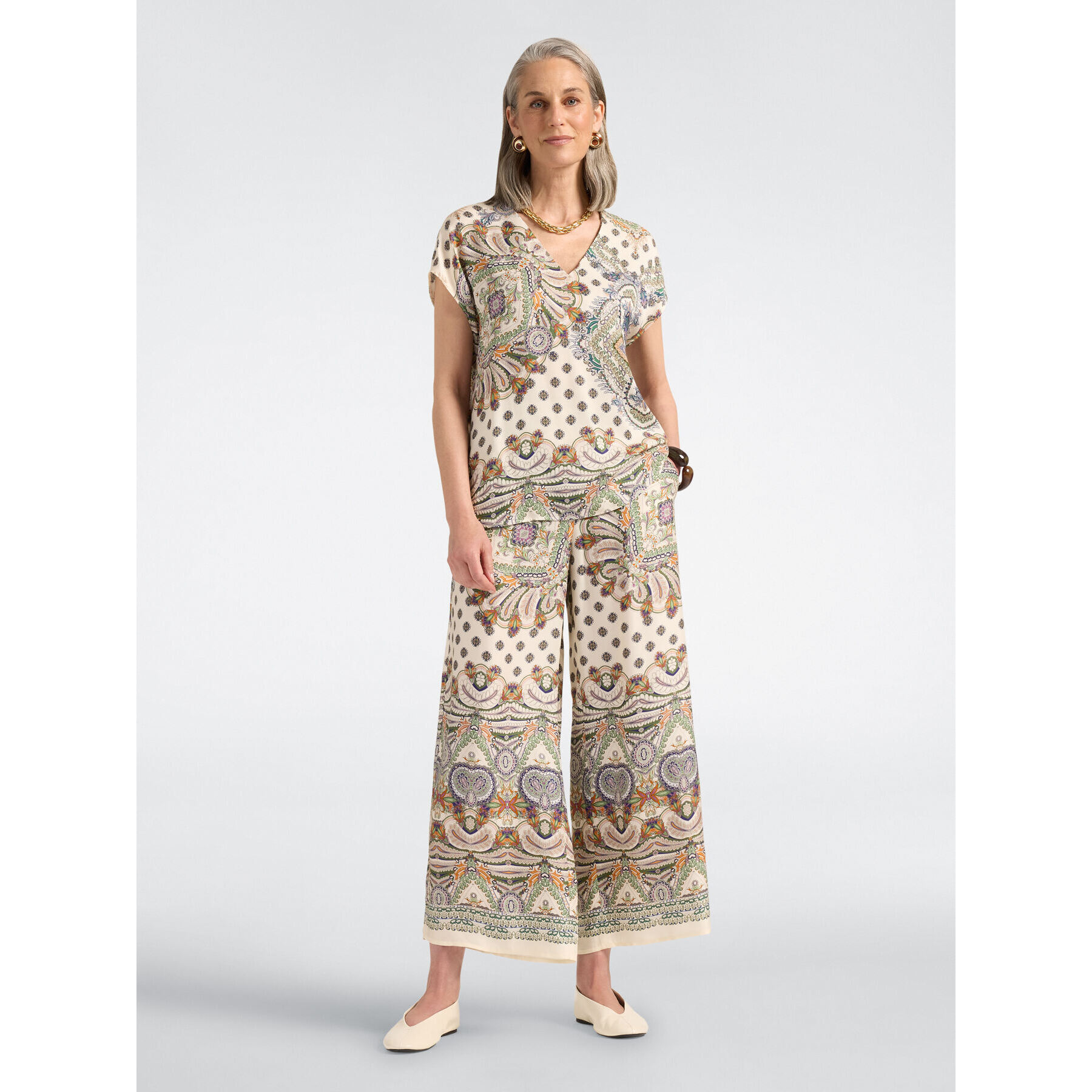 Elena Mirò - Pantaloni palazzo in raso stampati - Beige