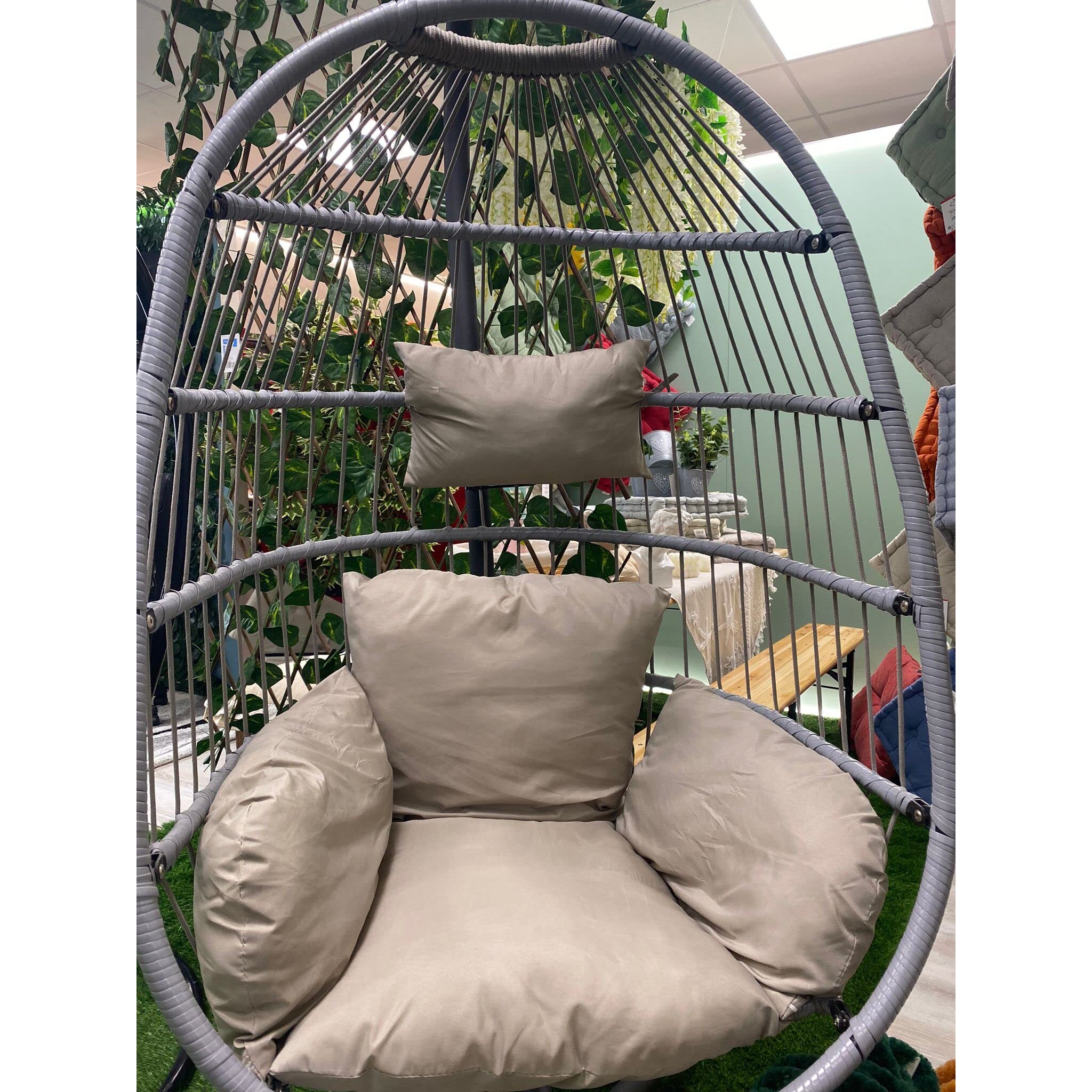 Poltrona Pensile Pieghevole Grigia in Rattan Interno Esterno, Amaca da Giardino Sospesa con Cuscino imbottito incluso