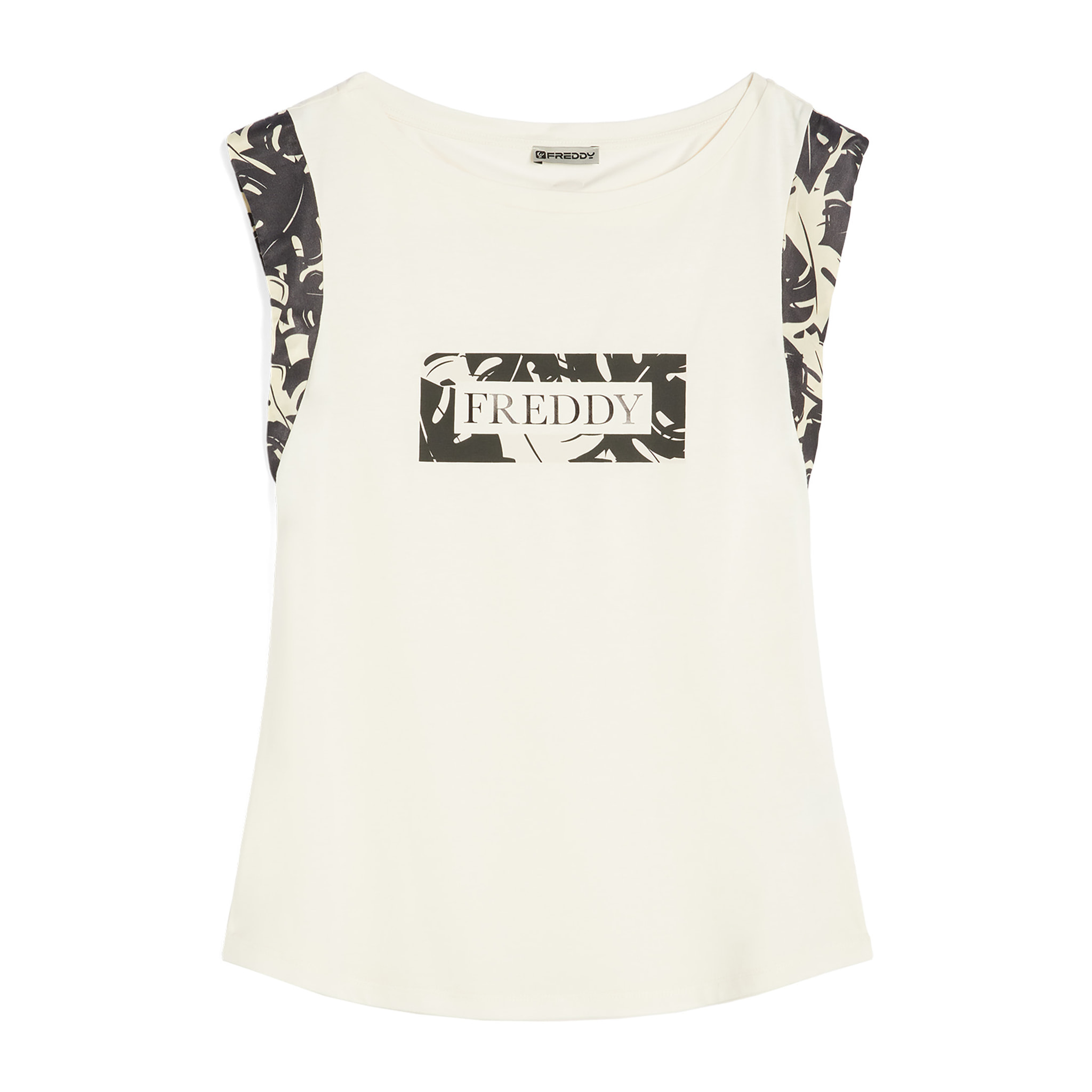 T-shirt donna con maniche in viscosa e grafica tropical