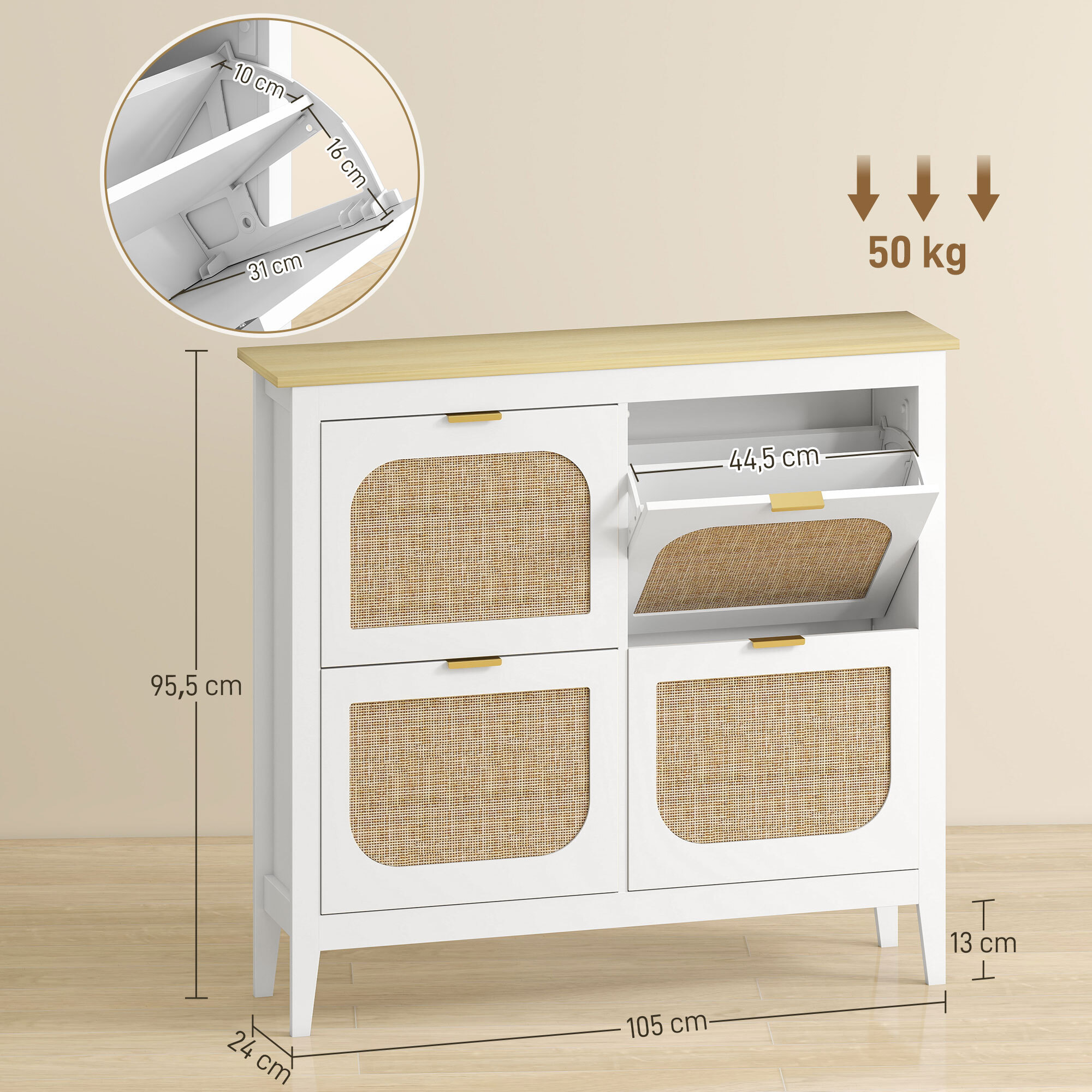 Zapatero Estrecho con 4 Puertas de Ratán Zapatero Entrada Recibidor con Estantes Ajustables para 20 Pares de Zapatos 105x24x95,5 cm Blanco