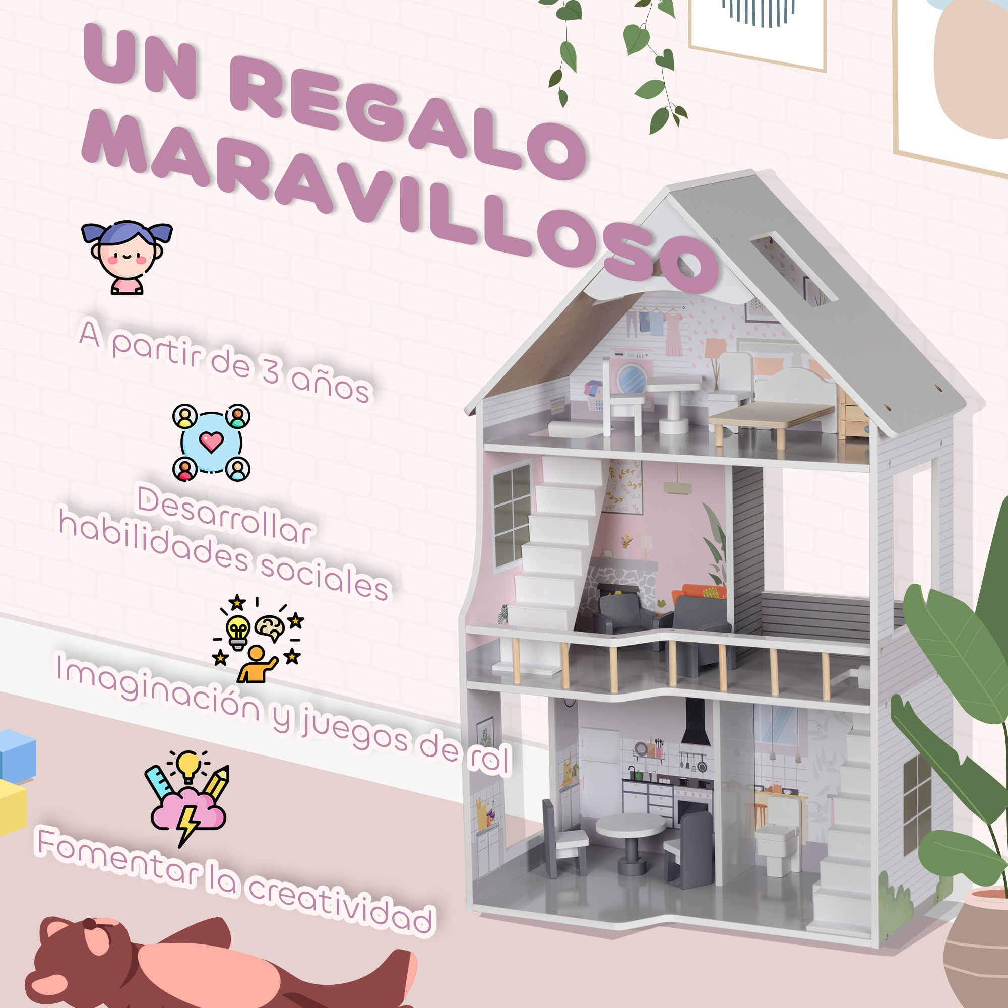 Casa de Muñecas con Muebles y Accesorios Casa de Muñecas de Madera de 3 Pisos Juguete para Niños y Niñas a Partir de 3 Años Gris