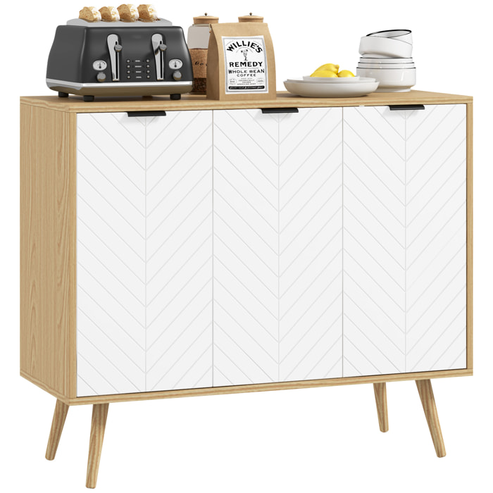 Aparador de Cocina Mueble Auxiliar de Cocina con 3 Puertas con Patrón de Espiga Patas de Madera y Estantes Ajustables Mueble Buffet para Comedor Salón 91,5x35x77,4 cm Blanco y Natural