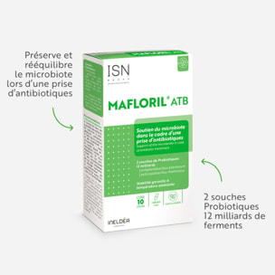ISN - Mafloril ATB - Complément alimentaire - 2 souches spécifiques de probiotiques - Soutien nutritionnel en cas de prise d'antibiotiques - Sans Gluten - Cure 10 jours