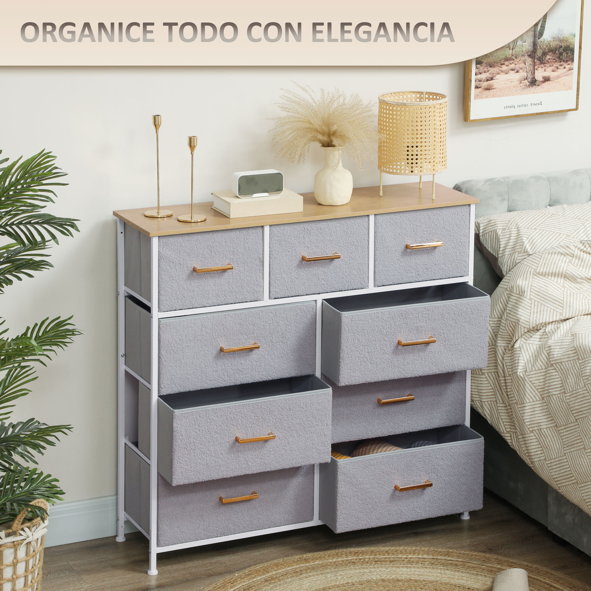 Cómoda con 9 Cajones Tapizado en Borreguito Cajonera de Tela con Estructura de Acero Cómoda para Dormitorio Pasillo Gris