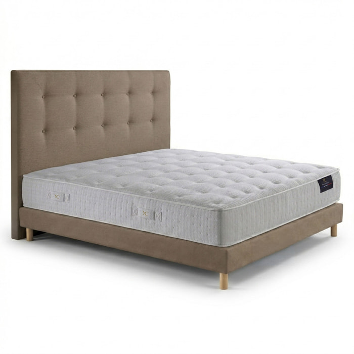 Ensemble matelas ressorts ensachés SÉLÉNÉ 2, accueil latex, H26 cm, sommier et tête de lit taupe