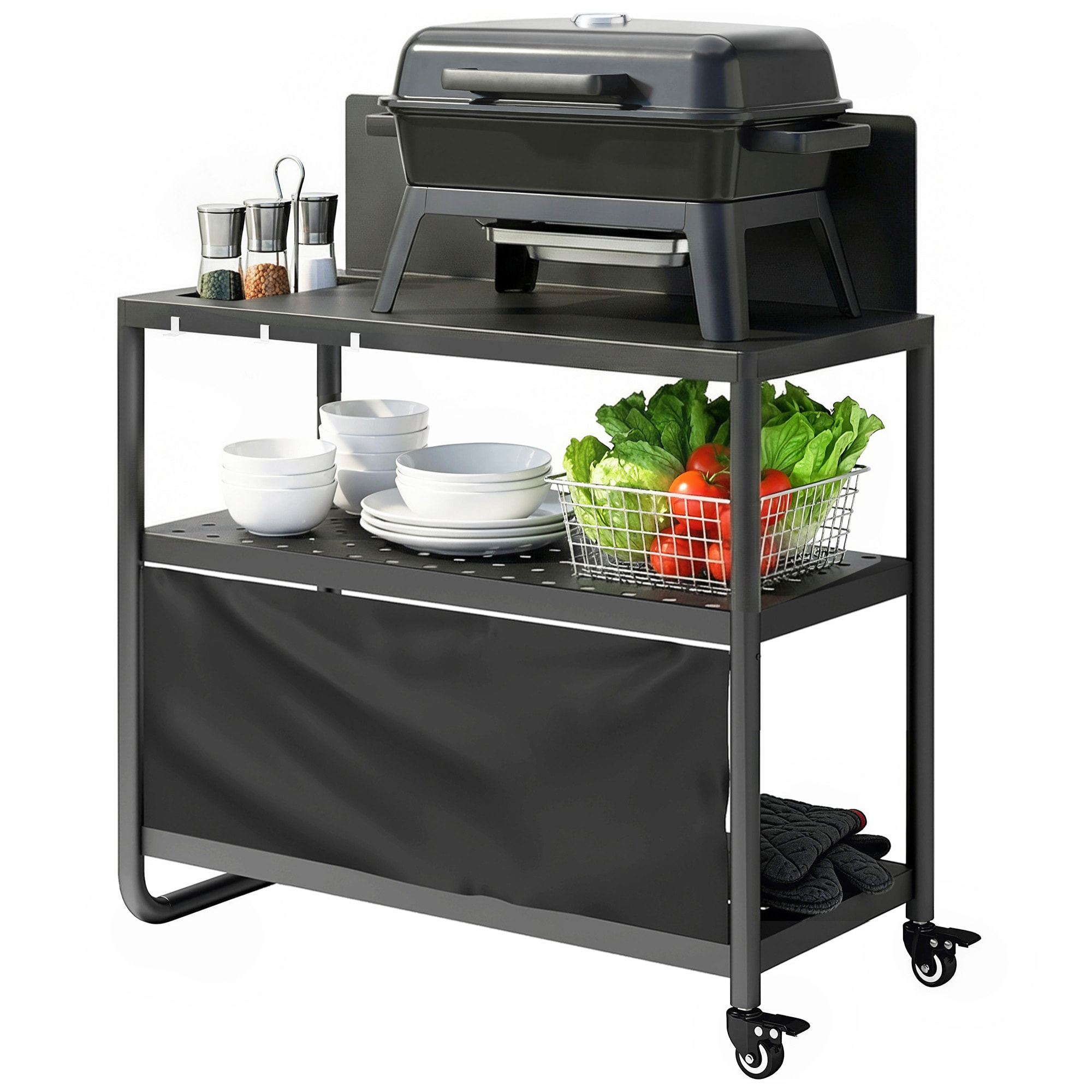 Desserte de jardin 2 étagères range épices plateau crédence 3 crochets 2 roues