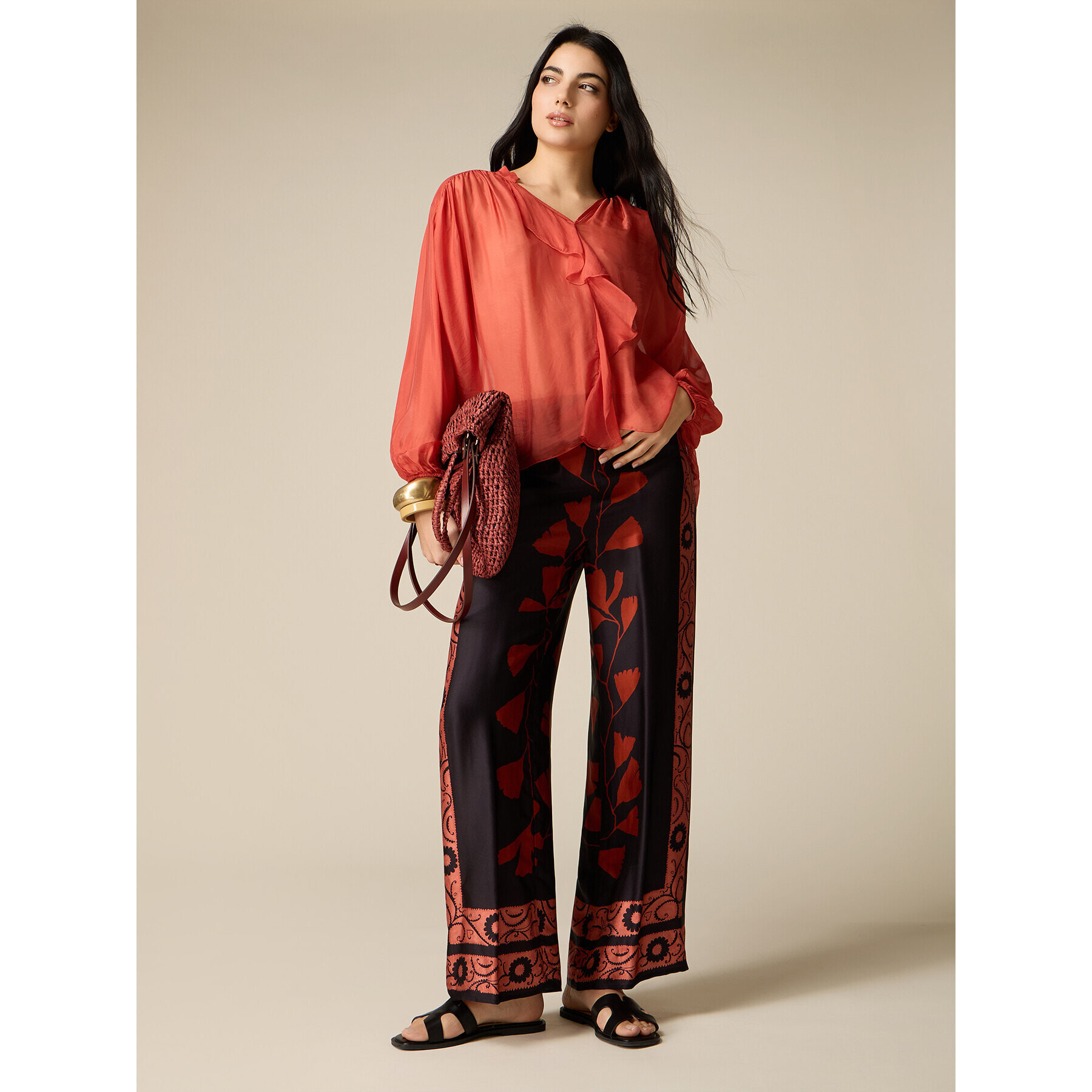 Oltre - Pantalones palazzo de satén estampado - Negro