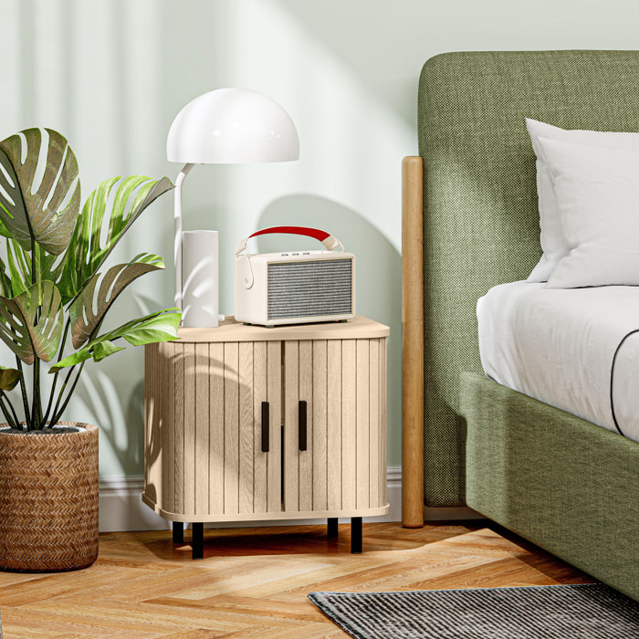 Mesita de Noche Mesilla de Noche Dormitorio con Puertas Correderas 2 Estantes y Patas de Acero Estilo Escandinavo para Salón 48x40x48 cm Roble