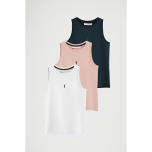 Pack da donna con tre canotte blu marino, bianca e rosa pallido fit slim con ricamo Rigby go