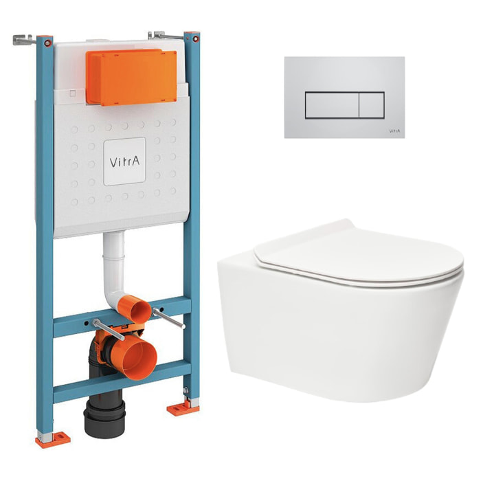 Pack WC Bâti-support Vitra V-Fix Core + WC sans bride SAT Brevis + Plaque Chrome brillant (V-FixBrevis-8)