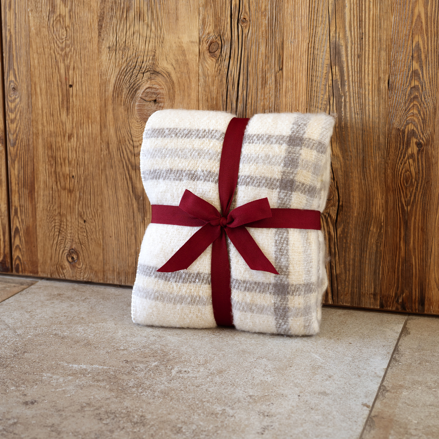 Plaid à carreaux  - Effet mohair avec dos sherpa - Ecru