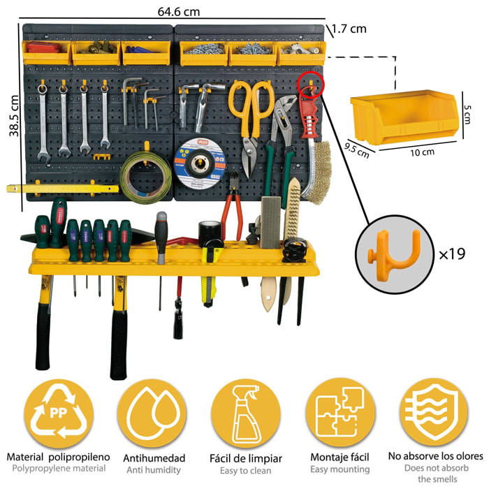 Panel con 6  contenedores + rejilla portaherramientas, Artplast