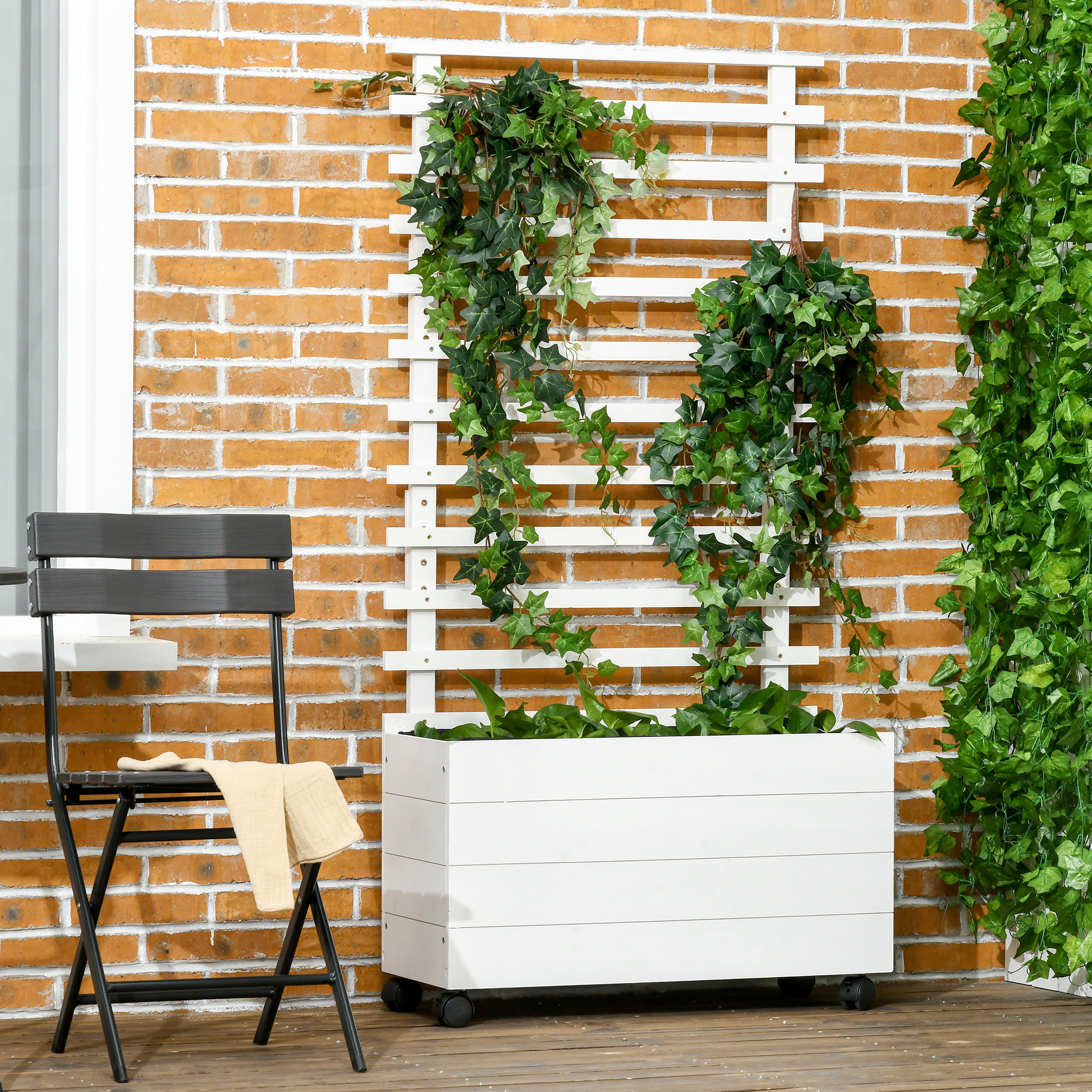 Jardinera con Enrejado de Madera Maciza con 4 Ruedas Macetero de Jardín con Soporte para Trepadora y Tela Geotextil para Cultivos Plantas Flores en Exterior 76x30x155 cm Blanco