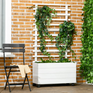 Jardinera con Enrejado de Madera Maciza con 4 Ruedas Macetero de Jardín con Soporte para Trepadora y Tela Geotextil para Cultivos Plantas Flores en Exterior 76x30x155 cm Blanco