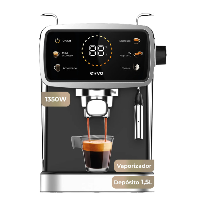 EVVO Cafetera Express Intensa 30. panel táctil a color. 20 bares de presion. Espressos y Capuccinos. 1350W. Doble salida. portafiltros. Depósito de 1.5 l