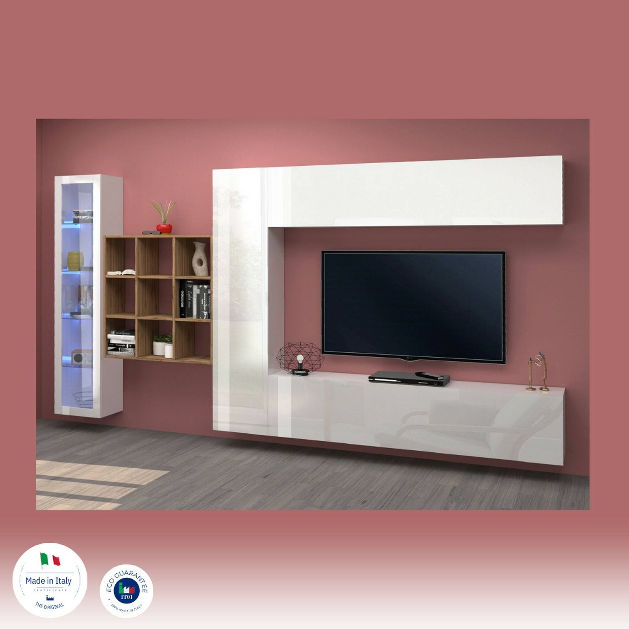 Parete attrezzata Davis, Set salotto porta TV a 4 ante, Mobile soggiorno multiuso con vetrina e luce LED, 100% Made in Italy, cm 310x30h180, Bianco lucido e Acero