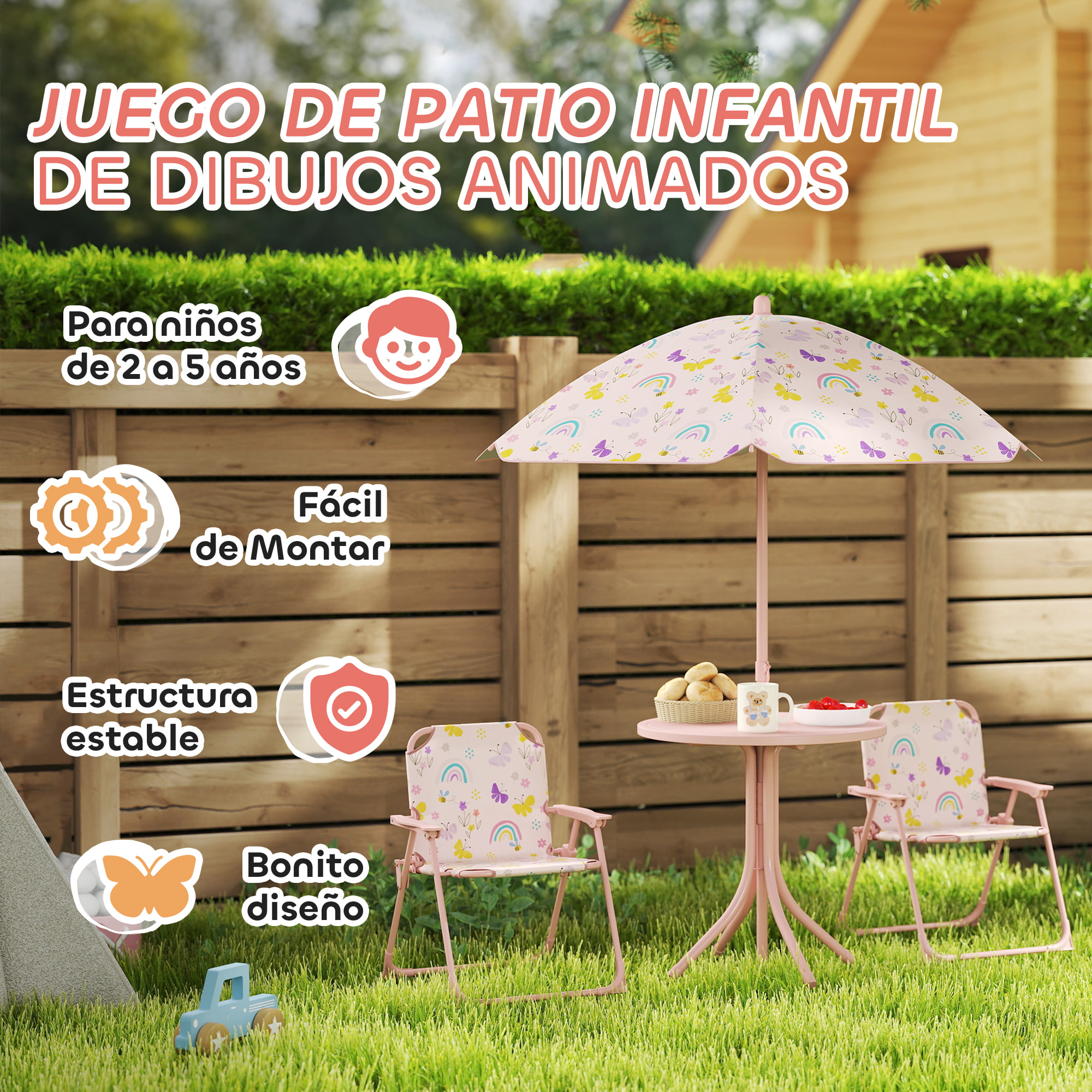 Conjunto de Mesa y Sillas Infantil de Jardín de 4 Piezas Mesa Infantil con Sillas Plegables Sombrilla Ajustable Diseño de Arcoíris para Patio Pícnic Rosa