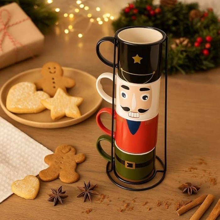 Intrecci – Set 4 tazzine da caffè natalizie in porcellana con supporto impilabile