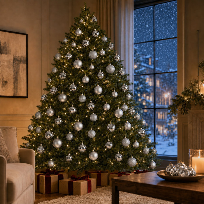 Set de 42 bolas de navidad de cristal plata, en varios tamaños y acabados