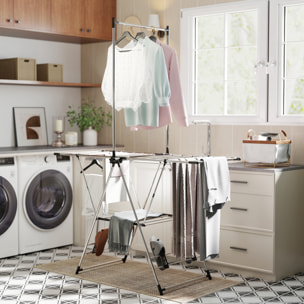 Tendedero Vertical Plegable, Tendedero de Ropa con Alas Ajustables en 5 Niveles, 4 Soportes para Calzado, Barra y Estante, Marco de Acero Inoxidable, para Interior y Exterior, Plata