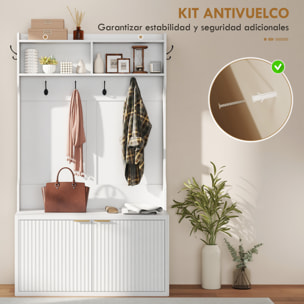 Perchero Zapatero, Perchero Recibidor con 2 Puertas, Estantes Abiertos, 6 Ganchos, para Pasillo, Dormitorio, Salón, Estilo Moderno, 100x38x172 cm, Blanco