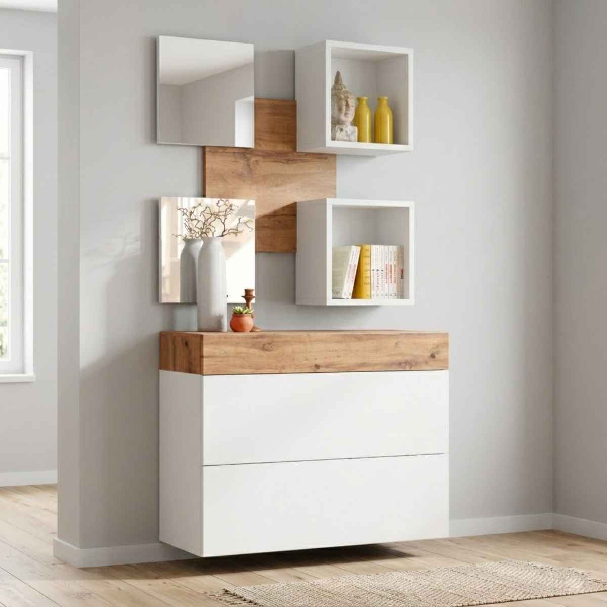 Mobile Ingresso Moderno Con 2 Specchi Vani A Giorno E Base Con Ante E Cassetto Design Elegante Salvaspazio 100 x 170 x 30 Cm Bianco E Rovere