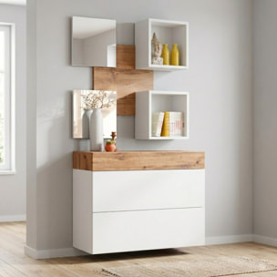 Mobile Ingresso Moderno Con 2 Specchi Vani A Giorno E Base Con Ante E Cassetto Design Elegante Salvaspazio 100 x 170 x 30 Cm Bianco E Rovere