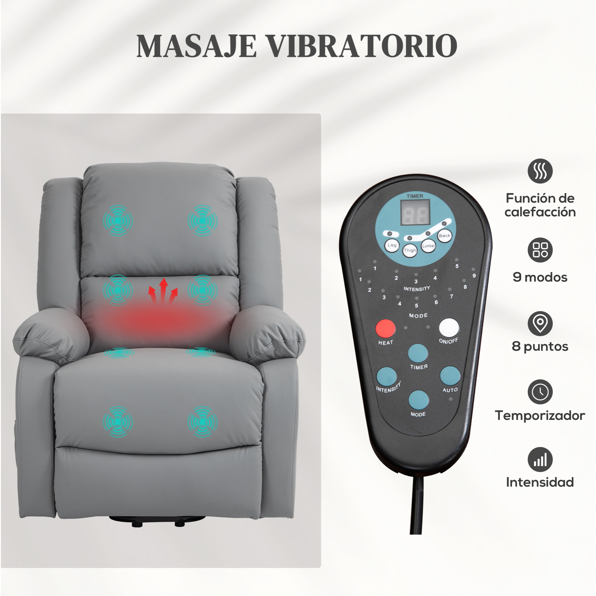 Sillón Relax Levanta Personas Eléctrico Sillón Elevador con 8 Punto de Masaje Sillón Eléctrico Reclinable con Función de Calentamiento 2 Controles Remotos y Bolsillo Lateral Gris