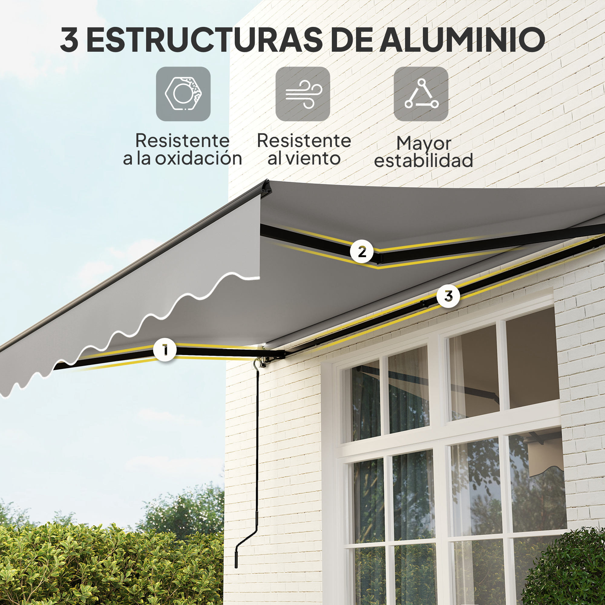 Toldo Manual Retráctil 360x220 cm Toldo para Balcón con Manivela de Aluminio 3 Brazos y Protección UV30+ Toldo Enrollable de Exterior para Jardín Terraza Ventanas Gris