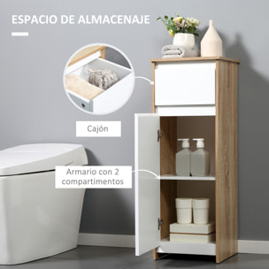 Armario Bajo para Baño Mueble Auxiliar de Madera con Cajón y Armario con 2 Estantes para Salón Dormitorio Cocina 32,6x30x90 cm Color Natural y Blanco