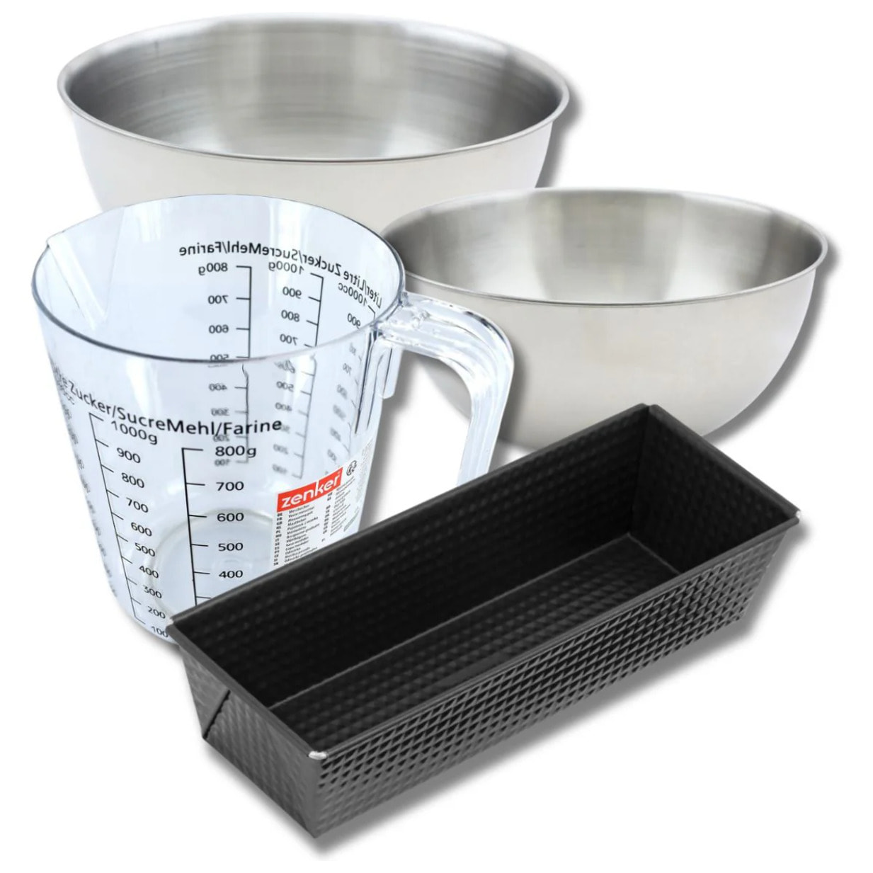 Set pâtisserie avec moule à cake 30,5 cm, 2 bols à mixer, verre mesureur et spatule Zenker