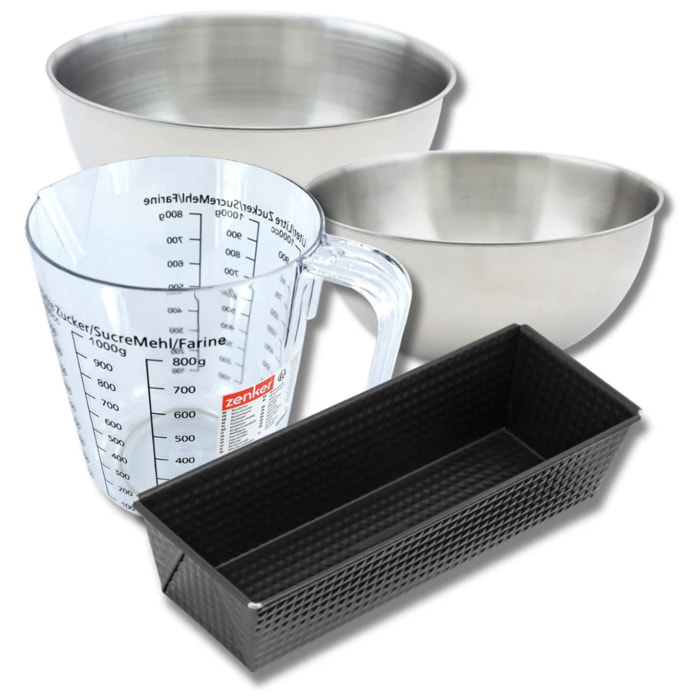 Set pâtisserie avec moule à cake 30,5 cm, 2 bols à mixer, verre mesureur et spatule Zenker