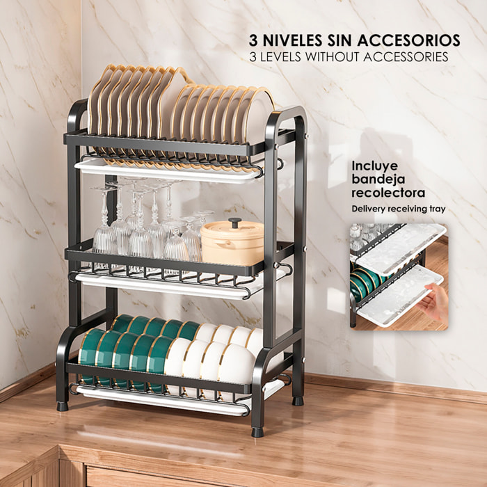Repisa metálica de cocina con escurridor de 3 niveles, diseñada para organizar, secar y almacenar utensilios. Incluye bandejas recogegotas y gran capacidad de carga.