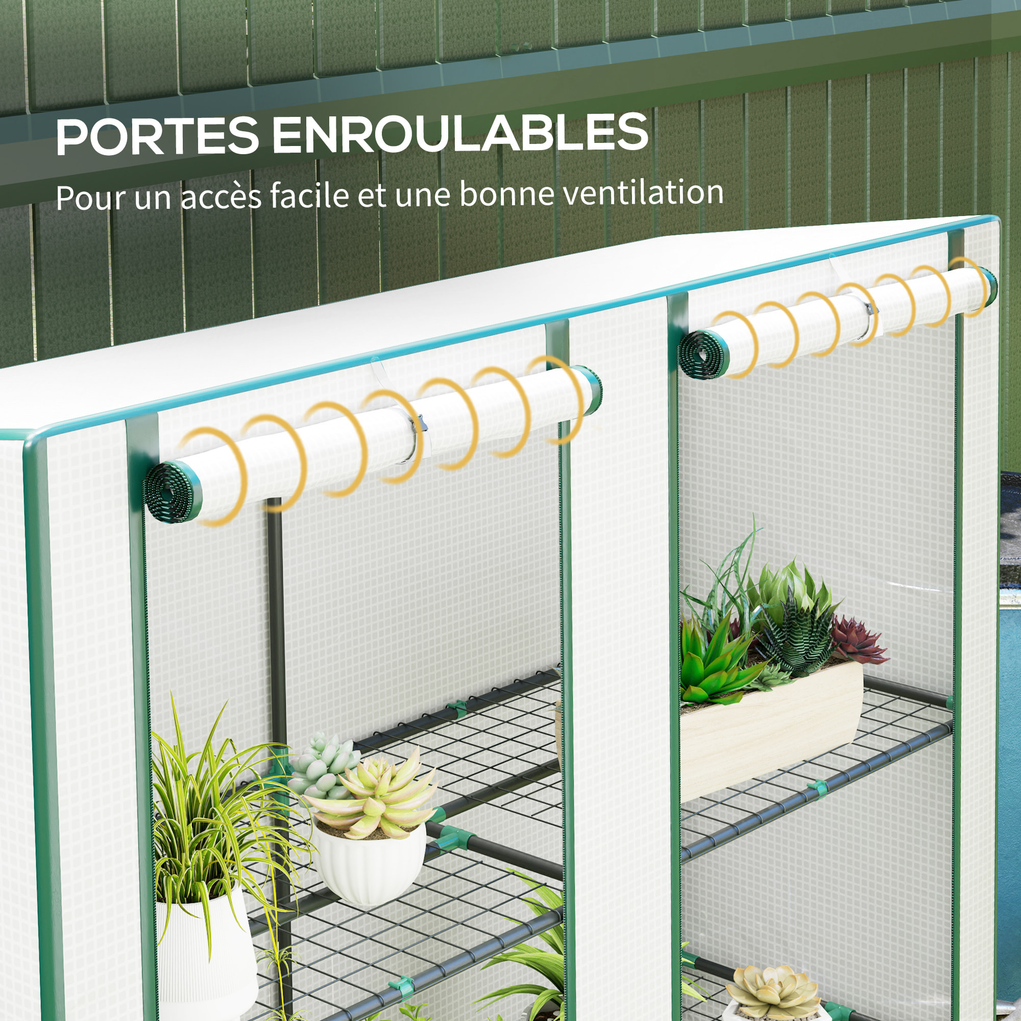 Serre de jardin balcon avec étagères métalliques 3 niveaux 2 portes acier noir PE blanc