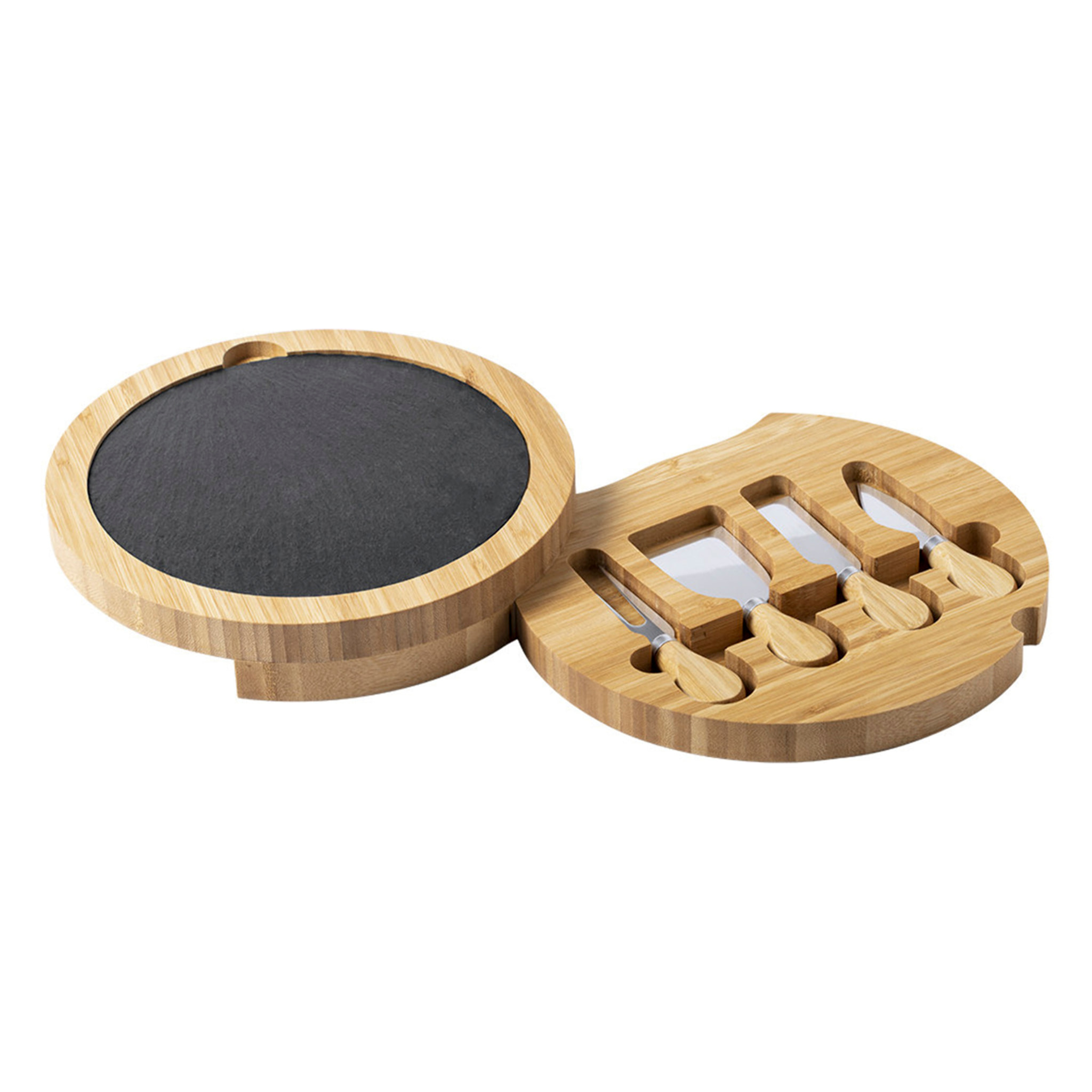 DAM Set de quesos Pomel de 5 piezas. Tabla de pizarra y bambú. 24x4x24 Cm. Color: Beige
