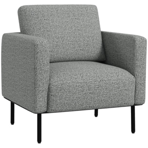 Fauteuil style contemporain grand confort piètement métal noir tissu toucher lin gris chiné