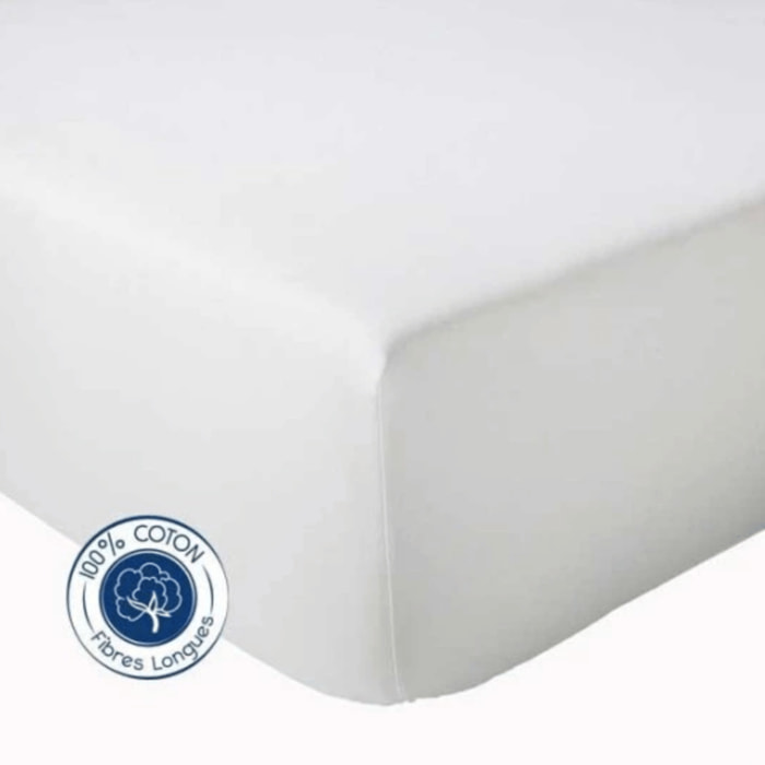 Drap Housse Uni bonnet 30 cm 100% Coton - Blanc