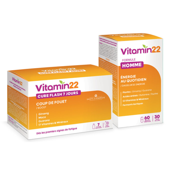 VITAMIN'22 - Pack Vitamin'22 Homme - Vitamin'22 Cure Flash 7 jours + Vitamin'22 Specific Homme - Anti-fatigue - Vitamines & minéraux - Etui de 7 doses de 30ml + Pilulier de 60 gélules végétales