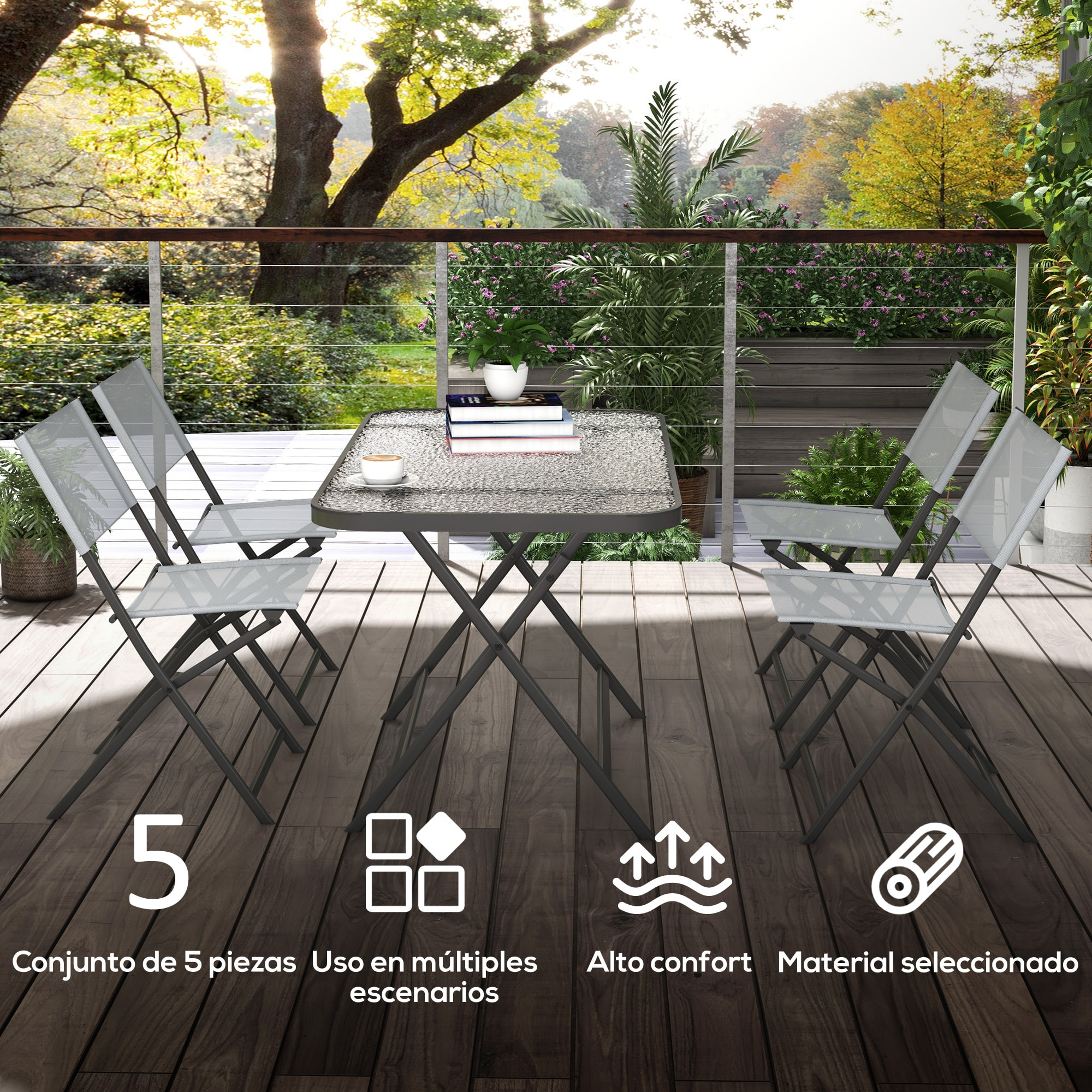 Conjunto Mesa y 4 Sillas de Jardín Plegable Juego de Comedor de 5 Piezas con Mesa de Vidrio Templado Estilo Moderno para Terraza Patio Gris