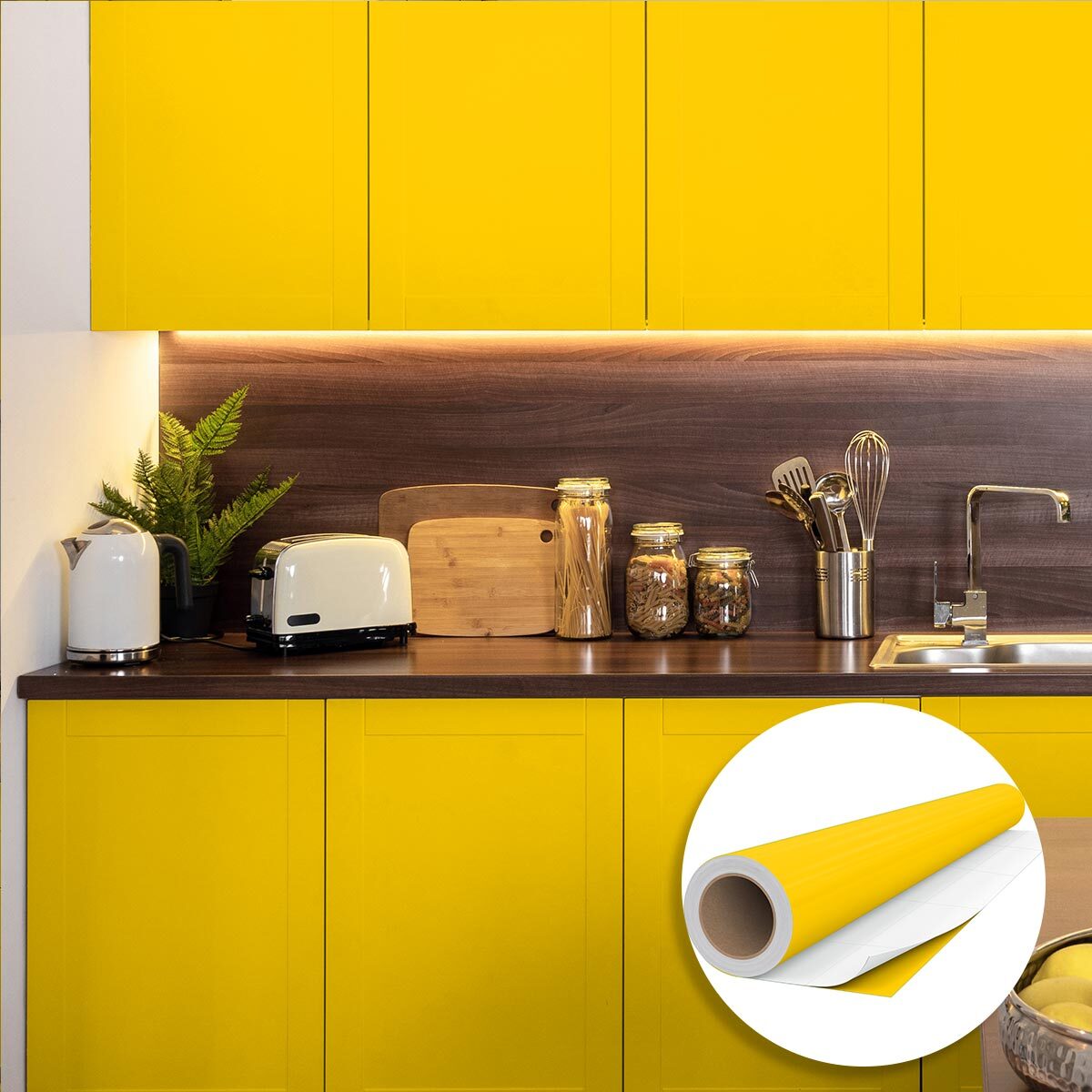 Rouleau adhésif décoratif Vinyle au Mètre - Jaune moutarde - Sticker Lavable Imperméable Mur Cuisine Meubles