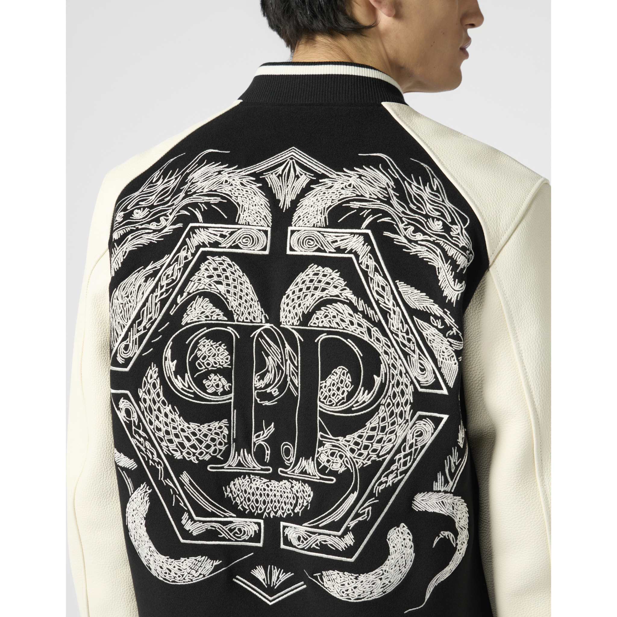 PHILIPP PLEIN Wool & Leather Varsity Bomber Jacket Dragons