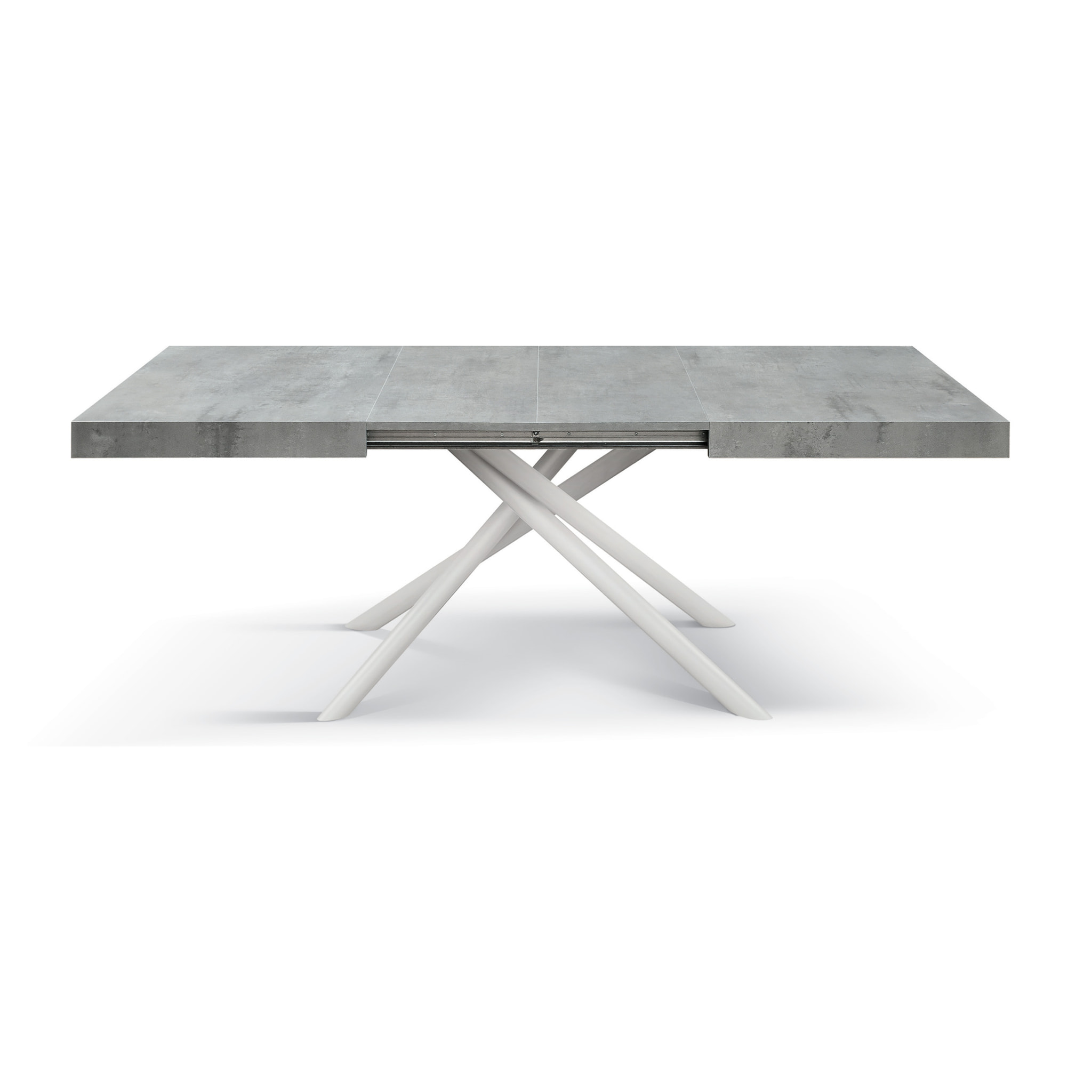 Tavolo CARRARA in legno, finitura grigio cemento e base in metallo verniciato bianco, allungabile 160x90 cm - 240x90 cm